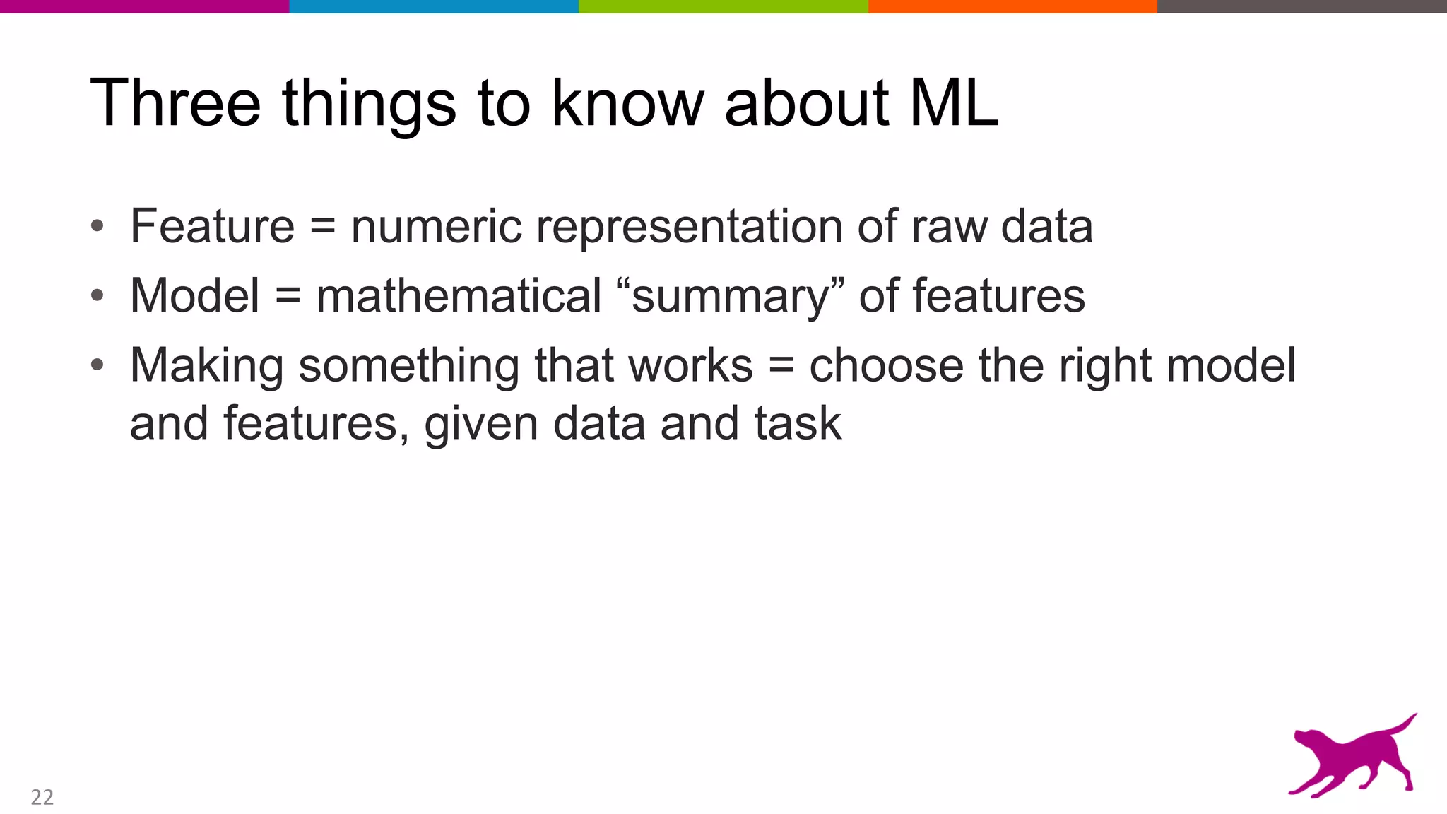 22
Three things to know about ML
• Feature = numeric representation of raw data
• Model = mathematical “summary” of features
• Making something that works = choose the right model
and features, given data and task
 