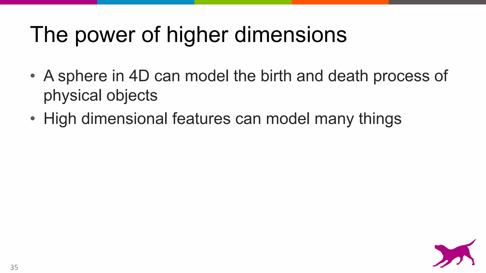35
The power of higher dimensions
• A sphere in 4D can model the birth and death process of
physical objects
• High dimensional features can model many things
 