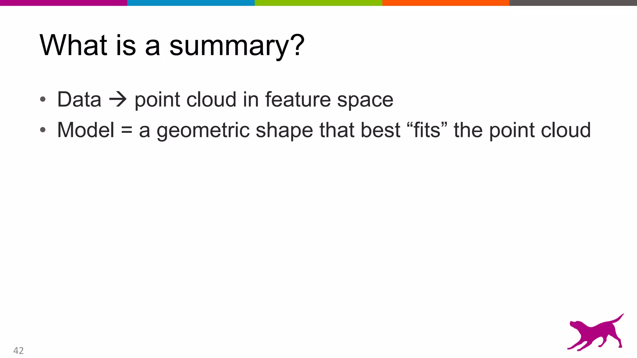 42
What is a summary?
• Data  point cloud in feature space
• Model = a geometric shape that best “fits” the point cloud
 
