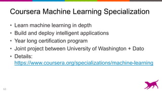 63
Coursera Machine Learning Specialization
• Learn machine learning in depth
• Build and deploy intelligent applications
• Year long certification program
• Joint project between University of Washington + Dato
• Details:
https://www.coursera.org/specializations/machine-learning
 