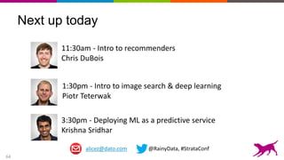 64
Next up today
alicez@dato.com @RainyData, #StrataConf
11:30am - Intro to recommenders
Chris DuBois
1:30pm - Intro to image search & deep learning
Piotr Teterwak
3:30pm - Deploying ML as a predictive service
Krishna Sridhar
 