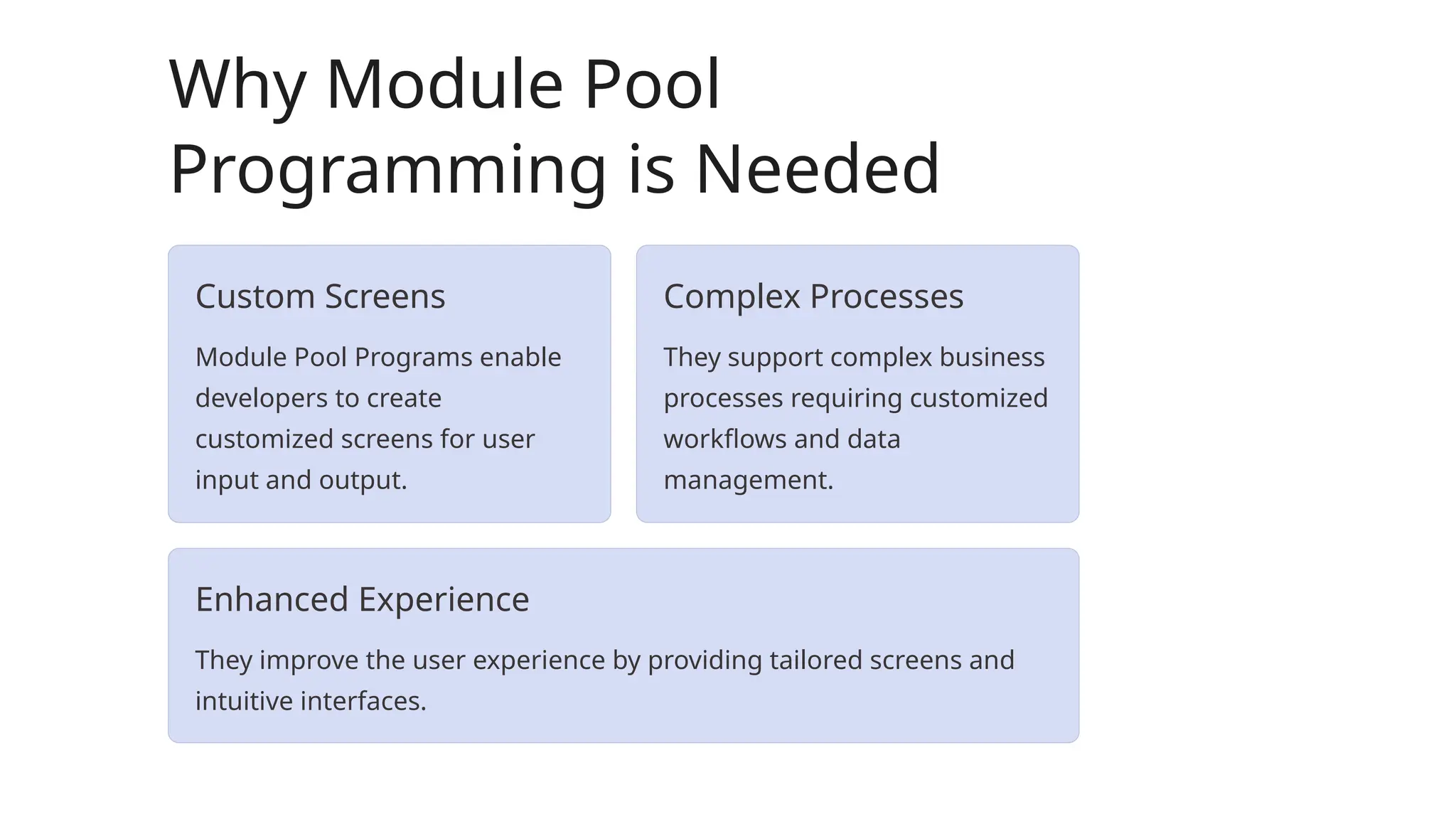Why Module Pool
Programming is Needed
Custom Screens
Module Pool Programs enable
developers to create
customized screens for user
input and output.
Complex Processes
They support complex business
processes requiring customized
workflows and data
management.
Enhanced Experience
They improve the user experience by providing tailored screens and
intuitive interfaces.
 