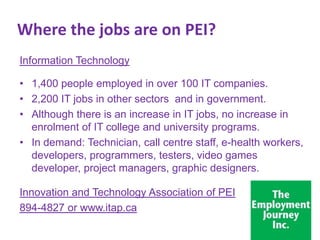 Where the jobs are on PEI?
Information Technology
• 1,400 people employed in over 100 IT companies.
• 2,200 IT jobs in other sectors and in government.
• Although there is an increase in IT jobs, no increase in
enrolment of IT college and university programs.
• In demand: Technician, call centre staff, e-health workers,
developers, programmers, testers, video games
developer, project managers, graphic designers.
Innovation and Technology Association of PEI
894-4827 or www.itap.ca

 