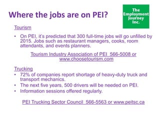 Where the jobs are on PEI?
Tourism
• On PEI, it’s predicted that 300 full-time jobs will go unfilled by
2015. Jobs such as restaurant managers, cooks, room
attendants, and events planners.
Tourism Industry Association of PEI 566-5008 or
www.choosetourism.com
Trucking
• 72% of companies report shortage of heavy-duty truck and
transport mechanics.
• The next five years, 500 drivers will be needed on PEI.
• Information sessions offered regularly.
PEI Trucking Sector Council 566-5563 or www.peitsc.ca

 