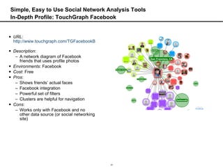 Simple, Easy to Use Social Network Analysis Tools In-Depth Profile: TouchGraph Facebook URL :  http://www.touchgraph.com/TGFacebookBrowser.html   Description :  A network diagram of Facebook friends that uses profile photos Environments : Facebook Cost : Free Pros :  Shows friends’ actual faces  Facebook integration Powerful set of filters Clusters are helpful for navigation Cons :  Works only with Facebook and no other data source (or social networking site) 