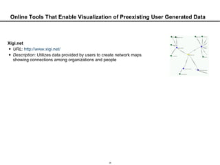 Online Tools That Enable Visualization of Preexisting User Generated Data Xigi.net URL :  http://www.xigi.net/ Description : Utilizes data provided by users to create network maps showing connections among organizations and people 