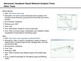 Advanced / Academic Social Network Analysis Tools Other Tools Otter URL :  http://www.caida.org/tools/visualization/otter/ Description : Otter is used for visualizing a variety of types of network data, including Internet data, topology data, and web site structure data Environments : Academic Cost : Free Released:  1999 Pros : Able to handle many different types of formatted data sets Cons : Limited functionality for formatting output and filtering nodes NetVis Module URL :  http://www.netvis.org/ Description : An open source web-based tool to analyze and visualize social networks using data from Excel files and online surveys Environments : Academic Release year:  2001 Cost : Free Pros : Web-based, simple for users to load data Cons : Slow to process data; complicated user interface; limited visualization functionality for formatting output 