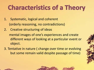 1. Systematic, logical and coherent
(orderly reasoning, no contradictions)
2. Creative structuring of ideas
mental images of one’s experiences and create
different ways of looking at a particular event or
object.
3. Tentative in nature ( change over time or evolving
but some remain valid despite passage of time)
 
