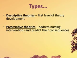 • Descriptive theories – first level of theory
development
• Prescriptive theories – address nursing
interventions and predict their consequences
 
