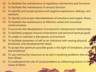 10. To facilitate the maintenance of regulatory mechanisms and functions
11. To facilitate the maintenance of sensory function
12. To identify and accept positive and negative expressions, feelings, and
reactions
13. To identify and accept interrelatedness of emotions and organic illness
14. To facilitate the maintenance of effective verbal and nonverbal
communication
15. To promote the development of productive interpersonal relationships
16. To facilitate progress toward achievement and personal spiritual goals
17. To create or maintain a therapeutic environment
18. To facilitate awareness of self as an individual with varying physical,
emotional, and developmental needs
19. To accept the optimum possible goals in the light of limitations, physical
and emotional
20. To use community resources as an aid in resolving problems that arise
from illness
21. To understand the role of social problems as influencing factors in the
cause of illness
 