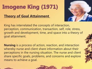 Theory of Goal Attainment
King has interrelated the concepts of interaction,
perception, communication, transaction, self, role, stress,
growth and development, time, and space into a theory of
goal attainment.
Nursing is a process of action, reaction, and interaction
whereby nurse and client share information about their
perceptions in the nursing situation. The nurse and client
share specific goals, problems, and concerns and explore
means to achieve a goal.
 