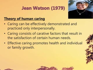 Theory of human caring
• Caring can be effectively demonstrated and
practiced only interpersonally.
• Caring consists of carative factors that result in
the satisfaction of certain human needs.
• Effective caring promotes health and individual
or family growth.
 