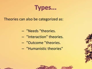 Theories can also be categorized as:
– "Needs "theories.
– "Interaction" theories.
– "Outcome "theories.
– "Humanistic theories"
 