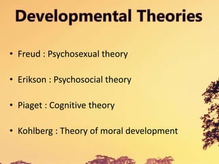 • Freud : Psychosexual theory
• Erikson : Psychosocial theory
• Piaget : Cognitive theory
• Kohlberg : Theory of moral development
 