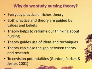• Everyday practice enriches theory
• Both practice and theory are guided by
values and beliefs
• Theory helps to reframe our thinking about
nursing
• Theory guides use of ideas and techniques
• Theory can close the gap between theory
and research
• To envision potentialities (Gordon, Parker, &
Jester, 2001)
 