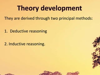 They are derived through two principal methods:
1. Deductive reasoning
2. Inductive reasoning.
 