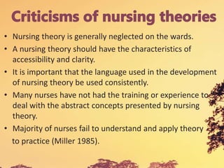 • Nursing theory is generally neglected on the wards.
• A nursing theory should have the characteristics of
accessibility and clarity.
• It is important that the language used in the development
of nursing theory be used consistently.
• Many nurses have not had the training or experience to
deal with the abstract concepts presented by nursing
theory.
• Majority of nurses fail to understand and apply theory
to practice (Miller 1985).
 