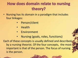 • Nursing has its domain in a paradigm that includes
four linkages:
• Person/client
• Health
• Environment
• Nursing (goals, roles, functions)
Each of these concepts is usually defined and described
by a nursing theorist. Of the four concepts, the most
important is that of the person. The focus of nursing
is the person.
 