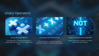 Unary Operators
Unary Plus and Minus
The unary plus (+) does not change the
value, while the unary minus (-) negates the
value.
Increment and Decrement
The increment (++) and decrement (--)
operators change a variable's value by one.
Logical Complement Operator
The NOT operator (!) negates a boolean
value, reversing its state.
 
