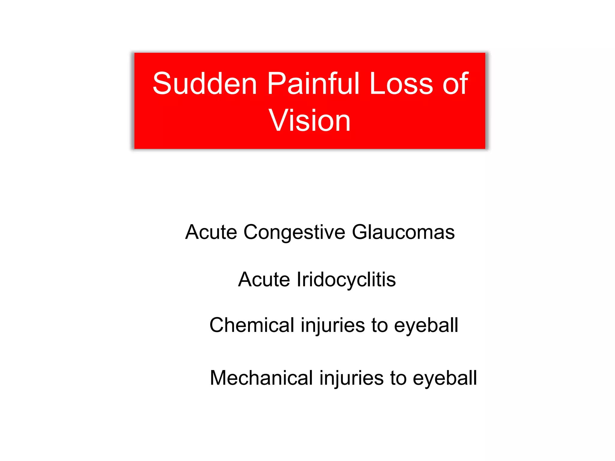 Sudden Painful Loss of
Vision
Acute Iridocyclitis
Acute Congestive Glaucomas
Chemical injuries to eyeball
Mechanical injuries to eyeball
 