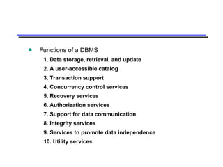 Functions of a DBMS 1. Data storage, retrieval, and update 2. A user-accessible catalog 3. Transaction support 4. Concurrency control services 5. Recovery services 6. Authorization services 7. Support for data communication 8. Integrity services 9. Services to promote data independence 10. Utility services 