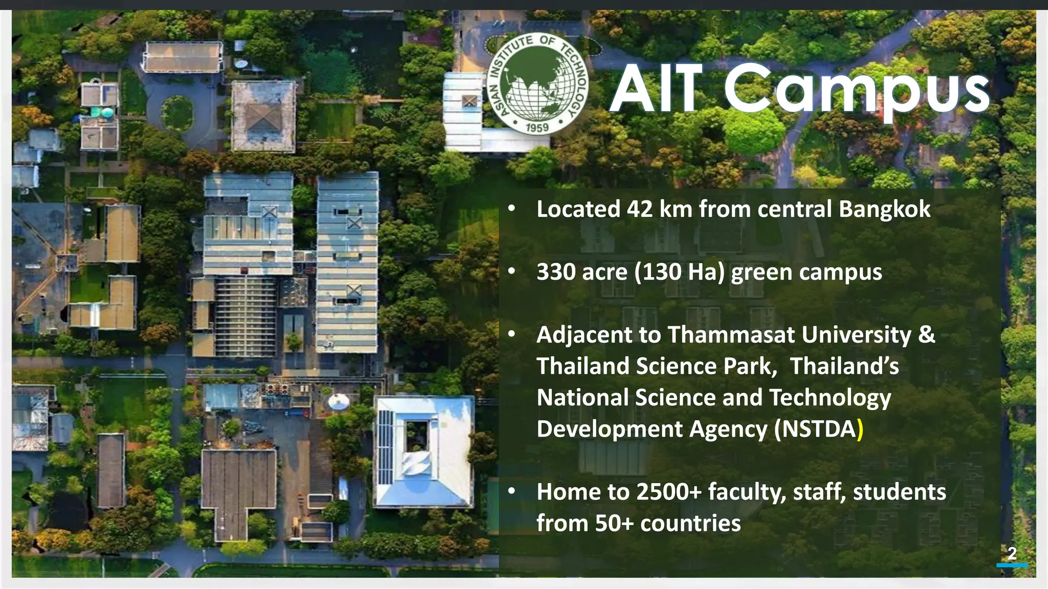 2
• Located 42 km from central Bangkok
• 330 acre (130 Ha) green campus
• Adjacent to Thammasat University &
Thailand Science Park, Thailand’s
National Science and Technology
Development Agency (NSTDA)
• Home to 2500+ faculty, staff, students
from 50+ countries
AIT Campus
2
 