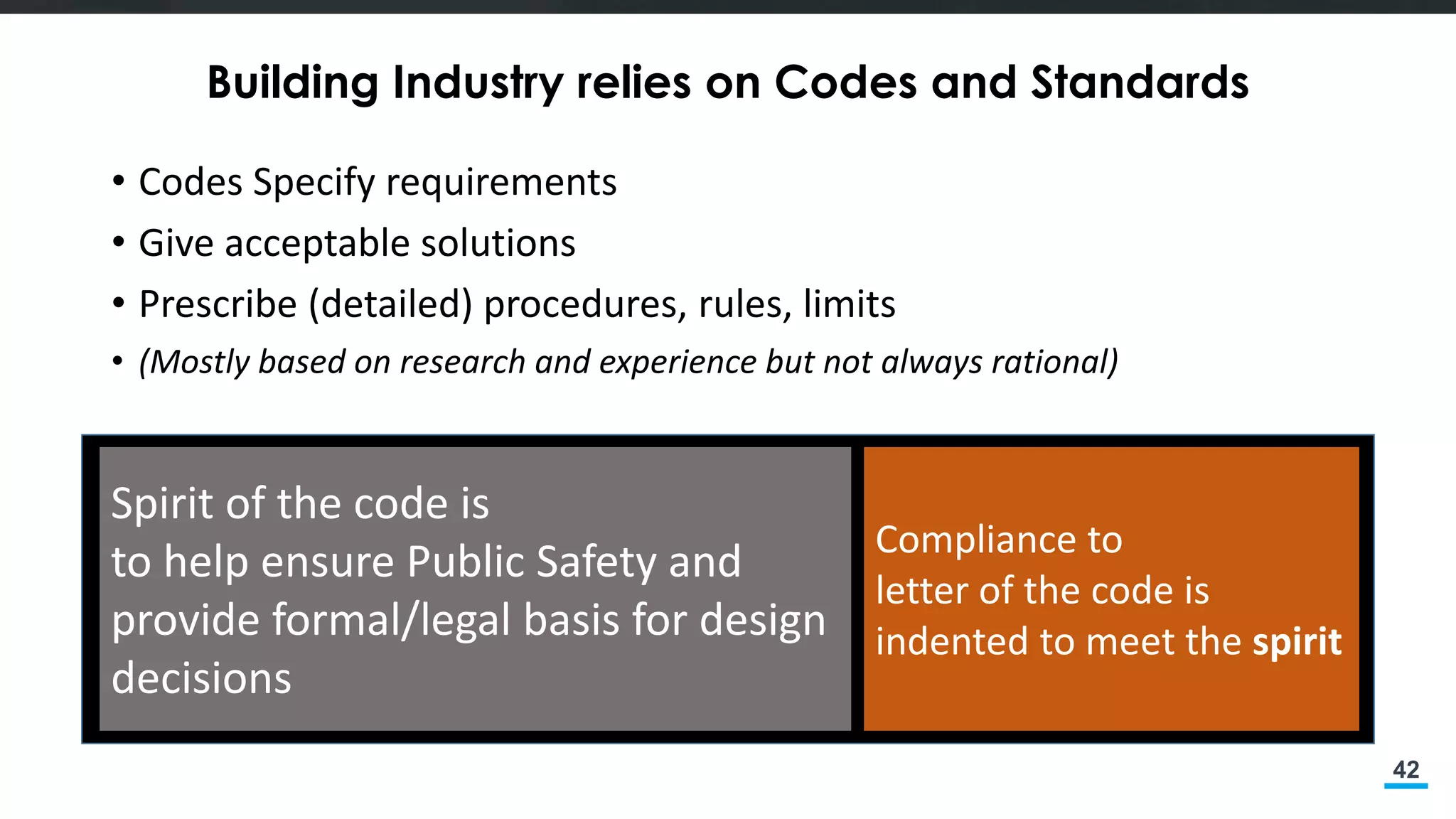 42
Building Industry relies on Codes and Standards
• Codes Specify requirements
• Give acceptable solutions
• Prescribe (detailed) procedures, rules, limits
• (Mostly based on research and experience but not always rational)
Spirit of the code is
to help ensure Public Safety and
provide formal/legal basis for design
decisions
Compliance to
letter of the code is
indented to meet the spirit
 