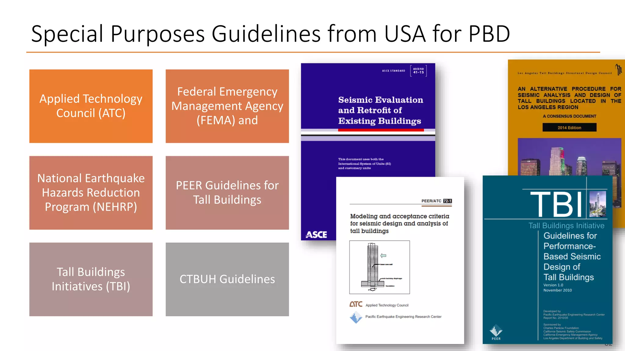 Special Purposes Guidelines from USA for PBD
82
Applied Technology
Council (ATC)
Federal Emergency
Management Agency
(FEMA) and
National Earthquake
Hazards Reduction
Program (NEHRP)
PEER Guidelines for
Tall Buildings
Tall Buildings
Initiatives (TBI)
CTBUH Guidelines
 