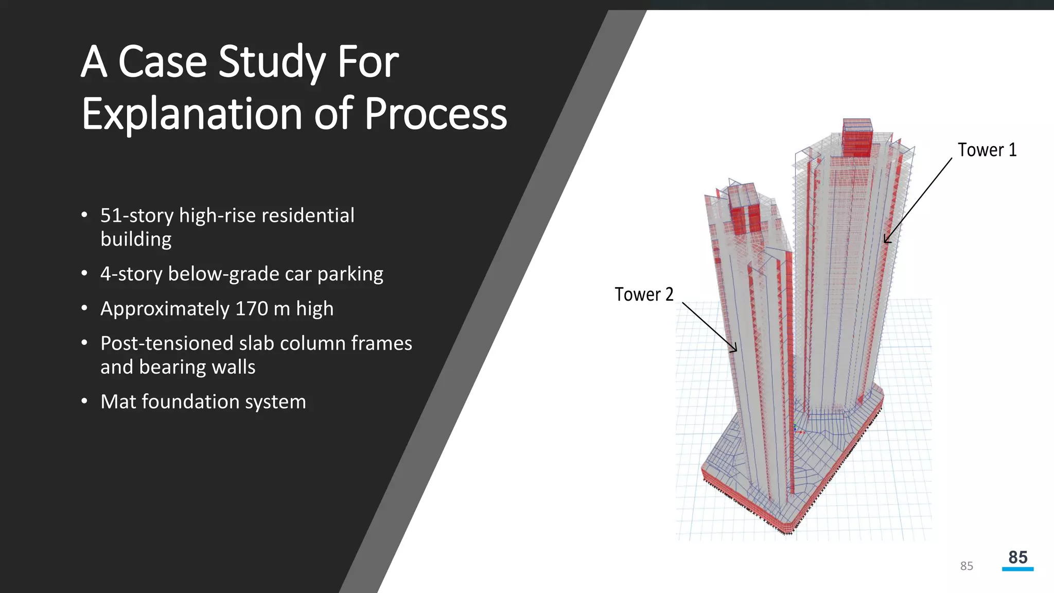 85
Tower 1
Tower 2
A Case Study For
Explanation of Process
• 51-story high-rise residential
building
• 4-story below-grade car parking
• Approximately 170 m high
• Post-tensioned slab column frames
and bearing walls
• Mat foundation system
85
 
