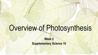 Overview of Photosynthesis
Week 2
Supplementary Science 10
 