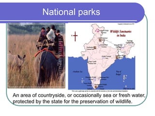 National parks
An area of countryside, or occasionally sea or fresh water,
protected by the state for the preservation of wildlife.
 