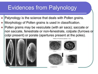 Evidences from Palynology
 Palynology is the science that deals with Pollen grains.
 Morphology of Pollen grains is used in classification.
 Pollen grains may be vesiculate (with air sacs); saccate or
non saccate, fenestrate or non-fenestrate, colpate (furrows or
colpi present) or porate (apertures present at the poles).
 
