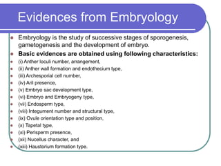 Evidences from Embryology
 Embryology is the study of successive stages of sporogenesis,
gametogenesis and the development of embryo.
 Basic evidences are obtained using following characteristics:
 (i) Anther loculi number, arrangement,
 (ii) Anther wall formation and endothecium type,
 (iii) Archesporial cell number,
 (iv) Aril presence,
 (v) Embryo sac development type,
 (vi) Embryo and Embryogeny type,
 (vii) Endosperm type,
 (viii) Integument number and structural type,
 (ix) Ovule orientation type and position,
 (x) Tapetal type,
 (xi) Perisperm presence,
 (xii) Nucellus character, and
 (xiii) Haustorium formation type.
 