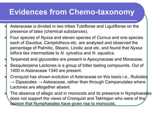 Evidences from Chemo-taxonomy
 Asteraceae is divided in two tribes Tubiflorae and Liguliflorae on the
presence of latex (chemical substances).
 Four species of Nyssa and eleven species of Cornus and one species
each of Dauidua, Camptotheca etc. are analysed and observed the
percentage of Palmitic, Stearic, Linolic acid etc. and found that Nyssa
biflora lies intermediate to N. sylvatica and N. aquatica.
 Terpenoid and glycosides are present in Apocynaceae and Moraceae.
 Sesquiterpene Lactones is a group of bitter tasting compounds. Out of
1400 in Asteraceae 1340 are present.
 Cronquist has shown evolution of Asteraceae on this basis i.e., Rubiales
→ Dipsacales → Asteraceae, rather than through Campanulales where
Lactones are altogether absent.
 The absence of ellagic acid in monocots and its presence in Nymphaeales
does not support the views of Cronquist and Takhtajan who were of the
opinion that Nymphaeales have given rise to monocots.
 