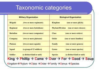 Taxonomic categories
King  Phillip  Came  Over  For  Good  Soup
KingdomPhylum Class Order Family Genus Species
Military Organization Biological Organization
Brigade (two or more regiments) Kingdom (one or more phyla)
Regiment (two or more battalions) Phylum/Division (one or more classes)
Battalion (two or more companies) Class (one or more orders)
Company (two or more platoons) Order (one or more families)
Platoon (two or more squads) Family (one or more genera)
Squad (a group of 12 soldiers) Genus (one or more species)
Soldier (a distinct kind or unit) Species (a distinct kind or unit)
 