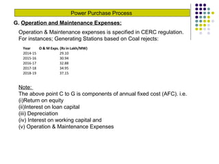 Power Purchase Process
G. Operation and Maintenance Expenses:
Operation & Maintenance expenses is specified in CERC regulation.
For instances; Generating Stations based on Coal rejects:
Year O & M Exps. (Rs in Lakh/MW)
2014-15 29.10
2015-16 30.94
2016-17 32.88
2017-18 34.95
2018-19 37.15
Note:
The above point C to G is components of annual fixed cost (AFC). i.e.
(i)Return on equity
(ii)Interest on loan capital
(iii) Depreciation
(iv) Interest on working capital and
(v) Operation & Maintenance Expenses
 