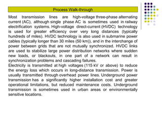 Process Walk-through
Most transmission lines are high-voltage three-phase alternating
current (AC), although single phase AC is sometimes used in railway
electrification systems. High-voltage direct-current (HVDC) technology
is used for greater efficiency over very long distances (typically
hundreds of miles). HVDC technology is also used in submarine power
cables (typically longer than 30 miles (50 km)), and in the interchange of
power between grids that are not mutually synchronized. HVDC links
are used to stabilize large power distribution networks where sudden
new loads, or blackouts, in one part of a network can result in
synchronization problems and cascading failures.
Electricity is transmitted at high voltages (115 kV or above) to reduce
the energy loss which occurs in long-distance transmission. Power is
usually transmitted through overhead power lines. Underground power
transmission has a significantly higher installation cost and greater
operational limitations, but reduced maintenance costs. Underground
transmission is sometimes used in urban areas or environmentally
sensitive locations.
 