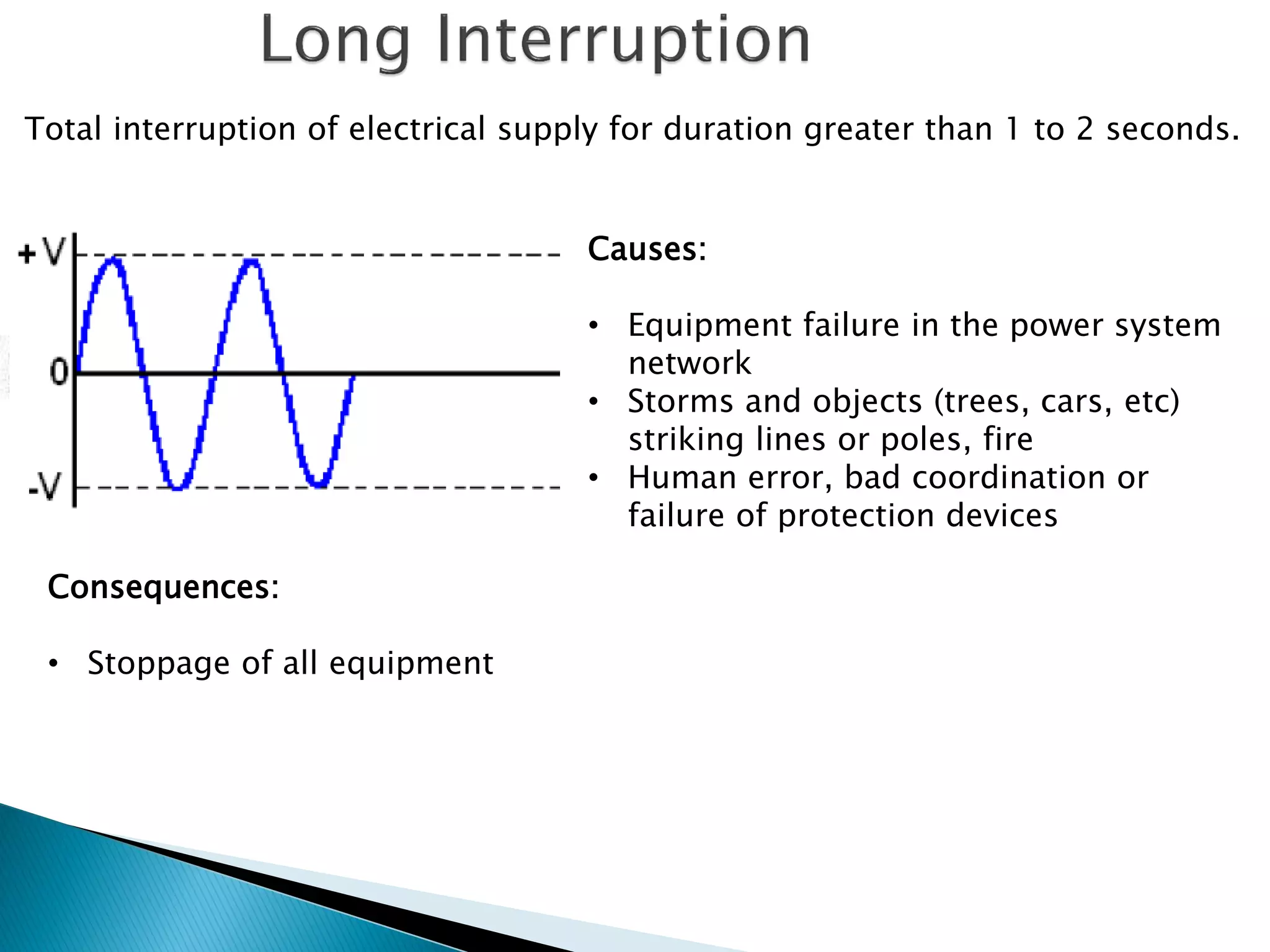 Total interruption of electrical supply for duration greater than 1 to 2 seconds. 
Causes: 
•Equipment failure in the power system network 
•Storms and objects (trees, cars, etc) striking lines or poles, fire 
•Human error, bad coordination or failure of protection devices 
Consequences: 
•Stoppage of all equipment  