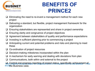 BENEFITS OF
                                           PRINCE2
  Eliminating the need to re-invent a management method for each new
     project
  Delivering a standard, but flexible, project management framework for the
     organization
  Ensuring stakeholders are represented and share in project ownership
  Ensuring clarity and congruence of project objectives
  Agreement between stakeholders of quality and performance expectations
  Investing in sufficient planning prior to commencing a project
  Anticipating current and potential problems and risks and planning to meet
     these
  Co-ordination of project resources
  Decision-making milestones incorporated within the plan
  A mechanism for early warning and dealing with deviations from plan
  Communications, both within and external to the project
  companies have good people; the companies that win status, term have the achievement of
“MostControl and progress reporting of project in the longspecifically best practices.’’ – Peter
Drucker. Business case.
     the
 