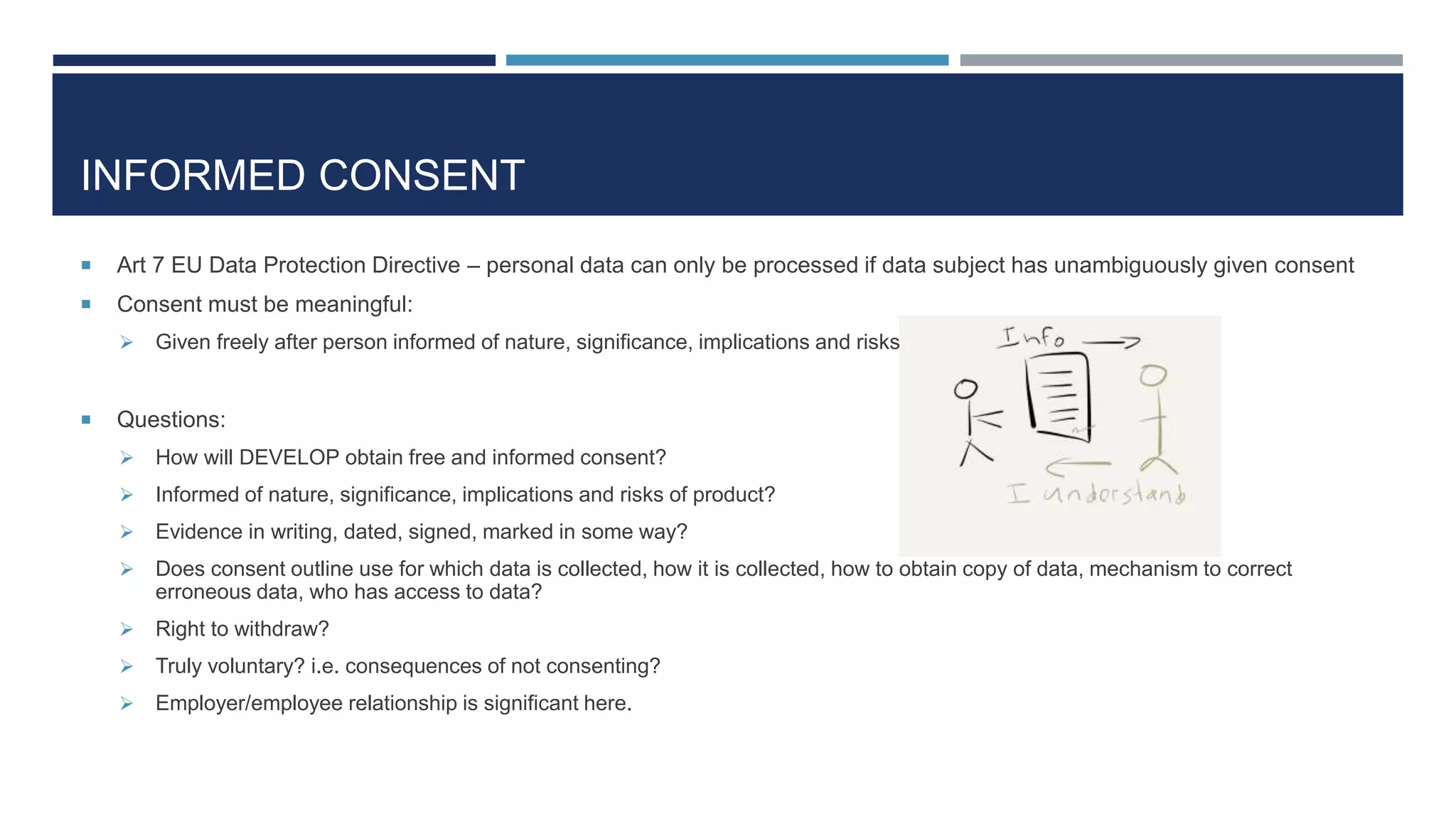INFORMED CONSENT
 Art 7 EU Data Protection Directive – personal data can only be processed if data subject has unambiguously given consent
 Consent must be meaningful:
 Given freely after person informed of nature, significance, implications and risks
 Questions:
 How will DEVELOP obtain free and informed consent?
 Informed of nature, significance, implications and risks of product?
 Evidence in writing, dated, signed, marked in some way?
 Does consent outline use for which data is collected, how it is collected, how to obtain copy of data, mechanism to correct
erroneous data, who has access to data?
 Right to withdraw?
 Truly voluntary? i.e. consequences of not consenting?
 Employer/employee relationship is significant here.
 
