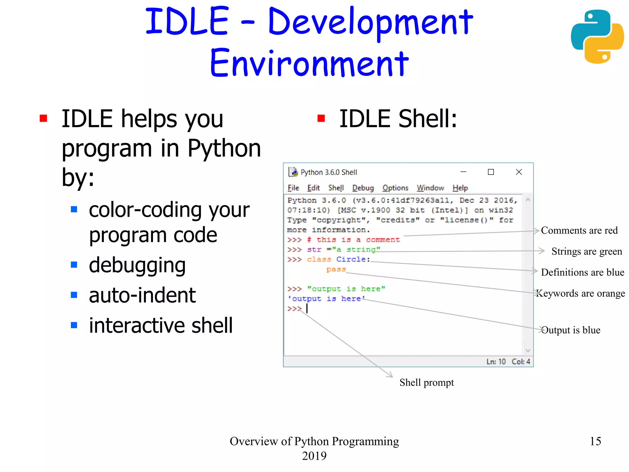 IDLE – Development
Environment
 IDLE helps you
program in Python
by:
 color-coding your
program code
 debugging
 auto-indent
 interactive shell
Comments are red
Strings are green
Definitions are blue
Keywords are orange
Output is blue
Shell prompt
 IDLE Shell:
15Overview of Python Programming
2019
 