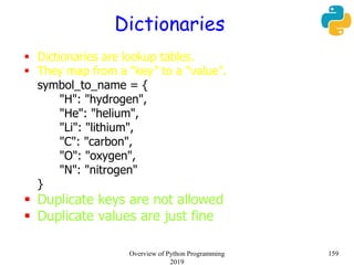 Dictionaries
 Dictionaries are lookup tables.
 They map from a “key” to a “value”.
symbol_to_name = {
"H": "hydrogen",
"He": "helium",
"Li": "lithium",
"C": "carbon",
"O": "oxygen",
"N": "nitrogen"
}
 Duplicate keys are not allowed
 Duplicate values are just fine
159Overview of Python Programming
2019
 