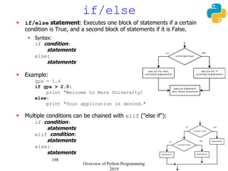 198
if/else
 if/else statement: Executes one block of statements if a certain
condition is True, and a second block of statements if it is False.
 Syntax:
if condition:
statements
else:
statements
 Example:
gpa = 1.4
if gpa > 2.0:
print "Welcome to Mars University!"
else:
print "Your application is denied."
 Multiple conditions can be chained with elif ("else if"):
if condition:
statements
elif condition:
statements
else:
statements
Overview of Python Programming
2019
 