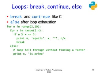 Loops: break, continue, else
 break and continue like C
 else after loop exhaustion
for n in range(2,10):
for x in range(2,n):
if n % x == 0:
print n, 'equals', x, '*', n/x
break
else:
# loop fell through without finding a factor
print n, 'is prime'
54Overview of Python Programming
2019
 