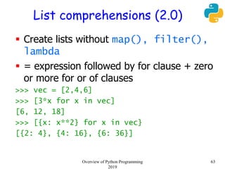 List comprehensions (2.0)
 Create lists without map(), filter(),
lambda
 = expression followed by for clause + zero
or more for or of clauses
>>> vec = [2,4,6]
>>> [3*x for x in vec]
[6, 12, 18]
>>> [{x: x**2} for x in vec}
[{2: 4}, {4: 16}, {6: 36}]
63Overview of Python Programming
2019
 