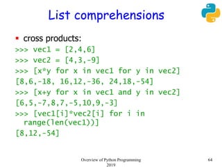 List comprehensions
 cross products:
>>> vec1 = [2,4,6]
>>> vec2 = [4,3,-9]
>>> [x*y for x in vec1 for y in vec2]
[8,6,-1...