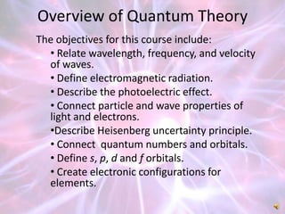 Overview of Quantum Theory
The objectives for this course include:
  • Relate wavelength, frequency, and velocity
  of waves.
  • Define electromagnetic radiation.
  • Describe the photoelectric effect.
  • Connect particle and wave properties of
  light and electrons.
  •Describe Heisenberg uncertainty principle.
  • Connect quantum numbers and orbitals.
  • Define s, p, d and f orbitals.
  • Create electronic configurations for
  elements.
 