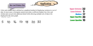 Application
D A T A S E T
Box And Whisker Plot
A box and whisker plot is defined as a graphical method of displaying variation in a set of
data. In most cases, a histogram analysis provides a sufficient display, but a box and
whisker plot can provide additional detail while allowing multiple sets of data to be
displayed in the same graph.
 