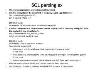 SQL parsing ex The following operations are made during the  parsing . Validate the syntax of the statement: is the query a valid SQL statement? SQL> select nothing where 1=2; select nothing where 1=2                * ERROR at line 1: ORA-00923: FROM keyword not found where expected Validate the semantic of the statement: are the objects valid? is there any ambiguity? does the constant fit into the column?... SQL> select col from not_existent_table; select col from not_existent_table                 * ERROR at line 1: ORA-00942: table or view does not exist Search in the  shared pool : Is the query text already known (search among all the query texts)? if not, error Does the query referenced the same objects (search among all versions of the query)? if not, error Is the execution environment identical (same search)? If yes, execute the query. Allocate memory in the  shared pool  to store the data about the query Get the values of the bind variables and check if all values fit in the columns 