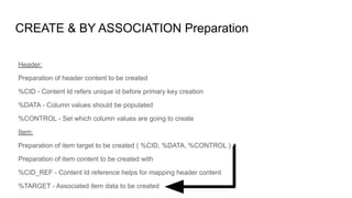 CREATE & BY ASSOCIATION Preparation
Header:
Preparation of header content to be created
%CID - Content Id refers unique id before primary key creation
%DATA - Column values should be populated
%CONTROL - Set which column values are going to create
Item:
Preparation of item target to be created ( %CID, %DATA, %CONTROL )
Preparation of item content to be created with
%CID_REF - Content Id reference helps for mapping header content
%TARGET - Associated item data to be created
 